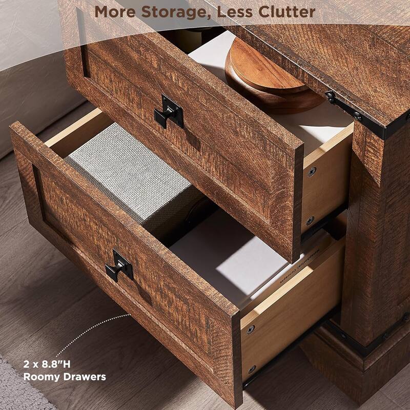 Farmhouse 2 Drawers Nightstand with Charging Station, Large End Table