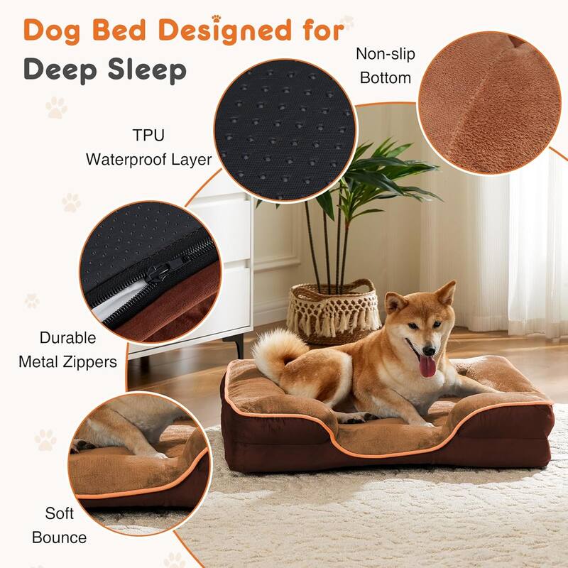 Small Dogs Dog Bed, Waterproof Memory Foam Pet Beds with Sides, Washable Removable Cover, Brown - 24"L x 18"W x 6.5"Th
