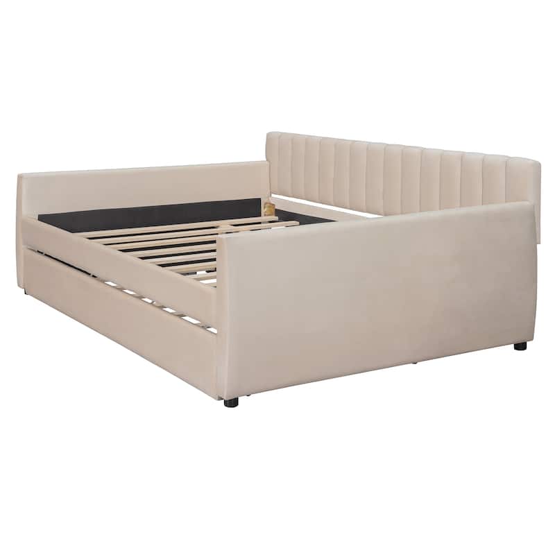Full Size Upholstered Daybed with Trundle and Wood Slat Support
