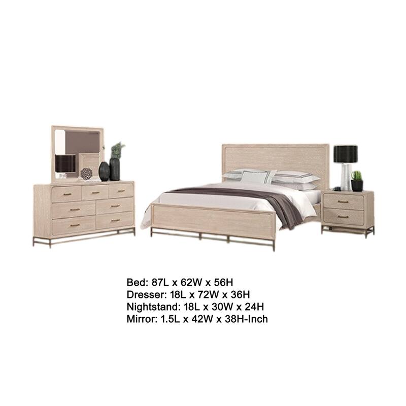 Rozie 5pc Queen Bedroom Set, Dresser, Mirror, 2 Nightstands, Light Oak