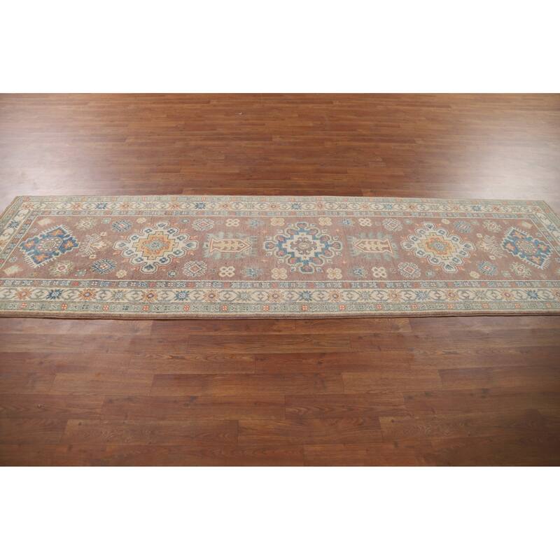 Geometric Kazak Oriental Runner Rug Handmade Wool Carpet - 2'9" x 9'10"