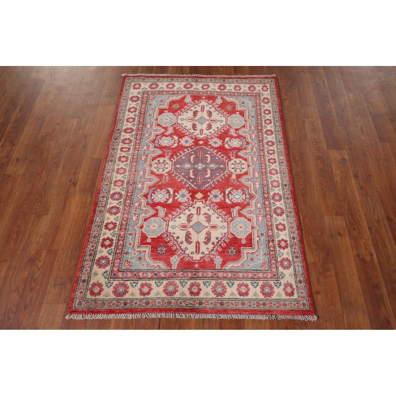 Geometric Red Kazak Accent Rug Hand-Knotted Foyer Wool Carpet - 2'10" x 4'3"