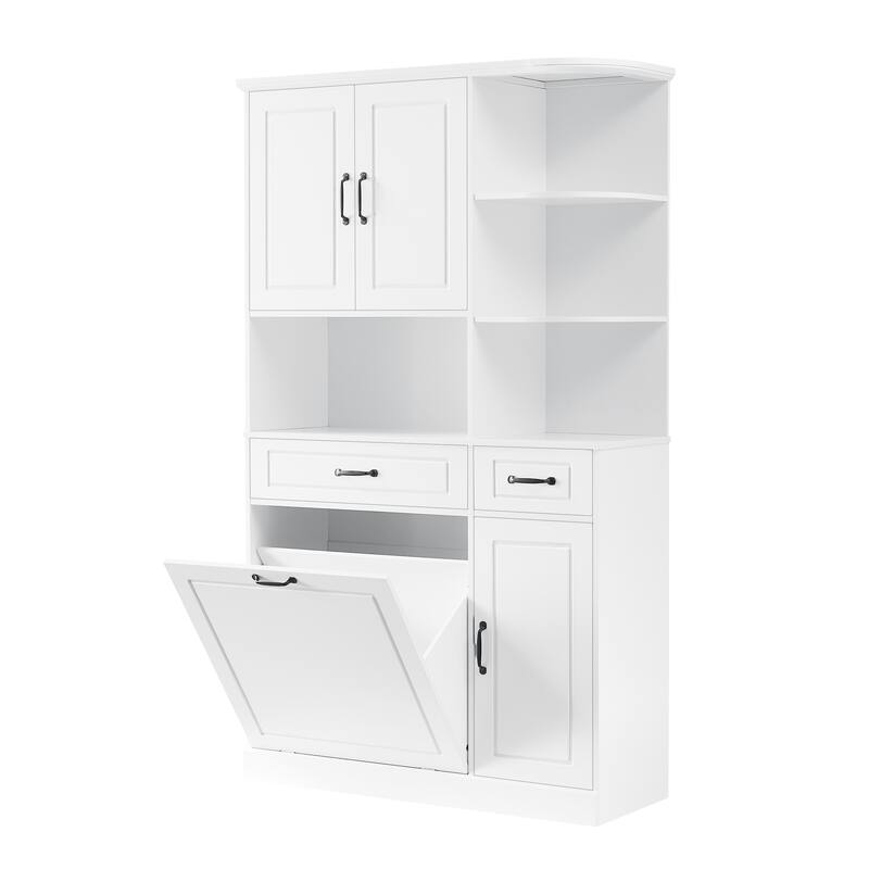 Roomfitters 70" Tall Storage Cabinet with Tilt-Out Hamper, 3 Drawers & Open Shelving, Modern MDF Linen Tower, White