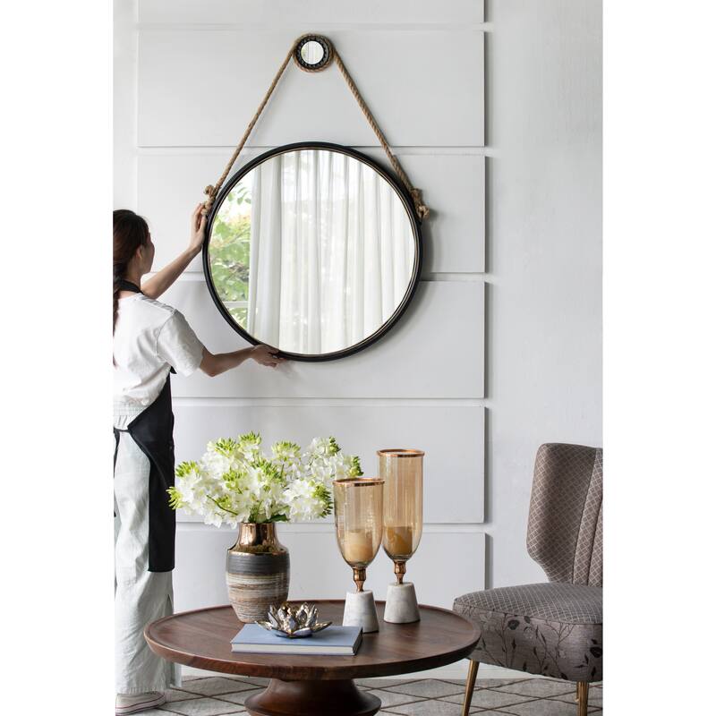 29.5" in On-trend Hanging Round Mirror with Black Framed and with Rope Strap Contemporary Industrial Decor for Bathroom, Bedroom