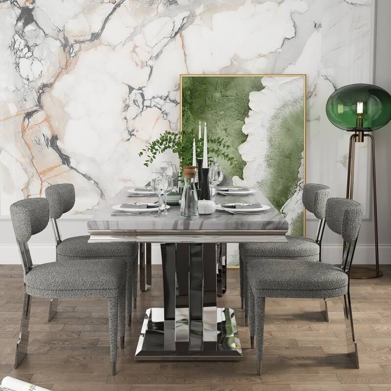 Glam Silver Dining Table Set with 64 inch Dining Table and Black Button Tufted Velvet Dining Chairs