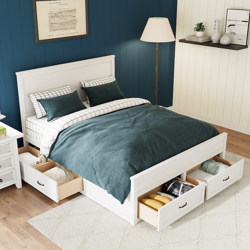 Modern Storage Bed Wood Bed Frame Queen Size Platform Bed with 6 Pull-out Storage Drawers and Panel Headboard Wood Slats Support - White - Queen