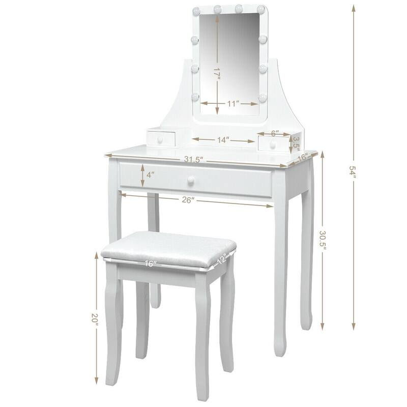 10 LED Lighted Mirror and 3 Drawers Vanity Table Set - 31.5" x 16" x 54" (L x W x H)