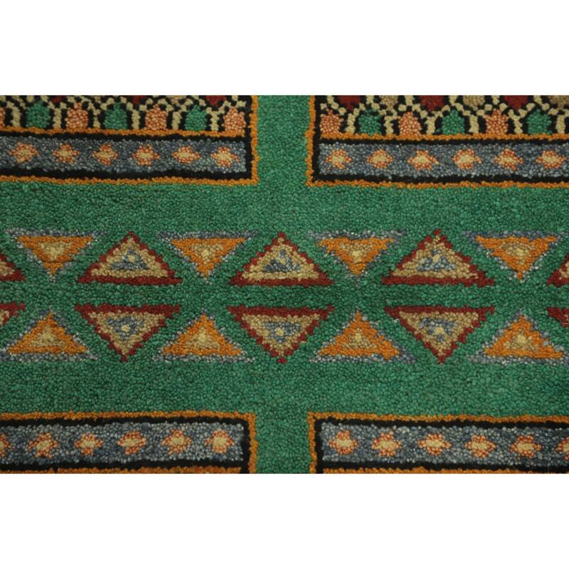 Hand-knotted Traditional Wool Green Geometric Oriental Area Rug - 10' 1'' X 4' 1''