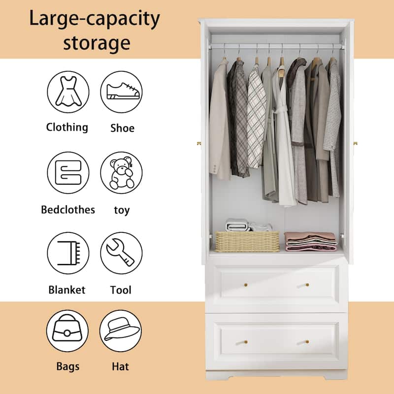 74" Armoire Wardrobe Closet with 2 Drawers for Bedroom