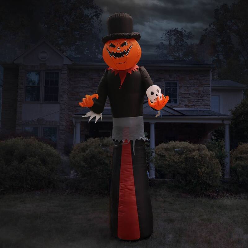 Haunted Hill Farm 12-Ft. Tall Pre-lit Inflatable Jack-O-Lantern Man with Top Hat and Skull