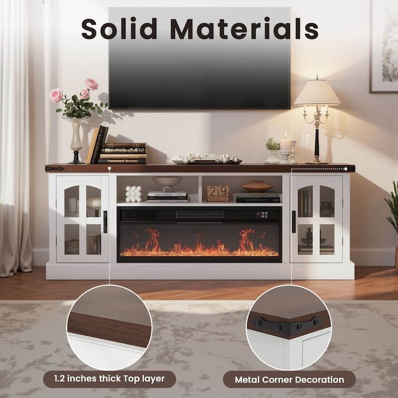 Meyreso 70.8" Vintage Fireplace TV Stand with 36" Electric Insert, Arched Glass Doors & LED Lighting