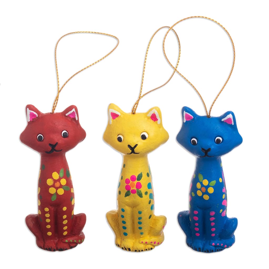 Novica Handmade Christmas Cats Ceramic Ornaments (Set Of 3)