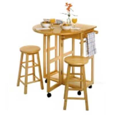 3 Beige Space Saver Drop Leaf Table with Two Round Stools 32.75"