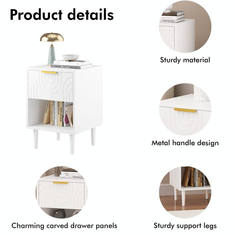 Modern White Nightstand with Gold Handle, 1 Drawer & Open Shelf