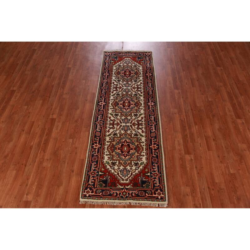 Hand Knotted Oriental 100% Wool Carpet Traditional Geometric Beige & Ivories Heriz (serapi) Runner Rug - 7' 10'' X 2' 7''