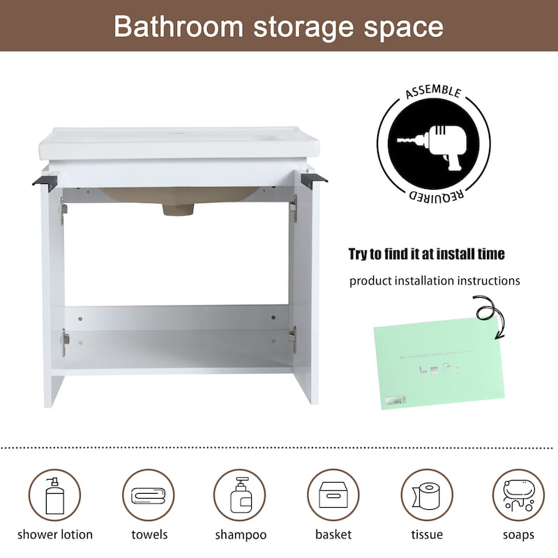 Malwee 24"/36"/48"/60" Floating Bathroom Vanity, Wall Mounted Bathroom Vanity with Ceramic Sink,Soft Close Door and Shelf