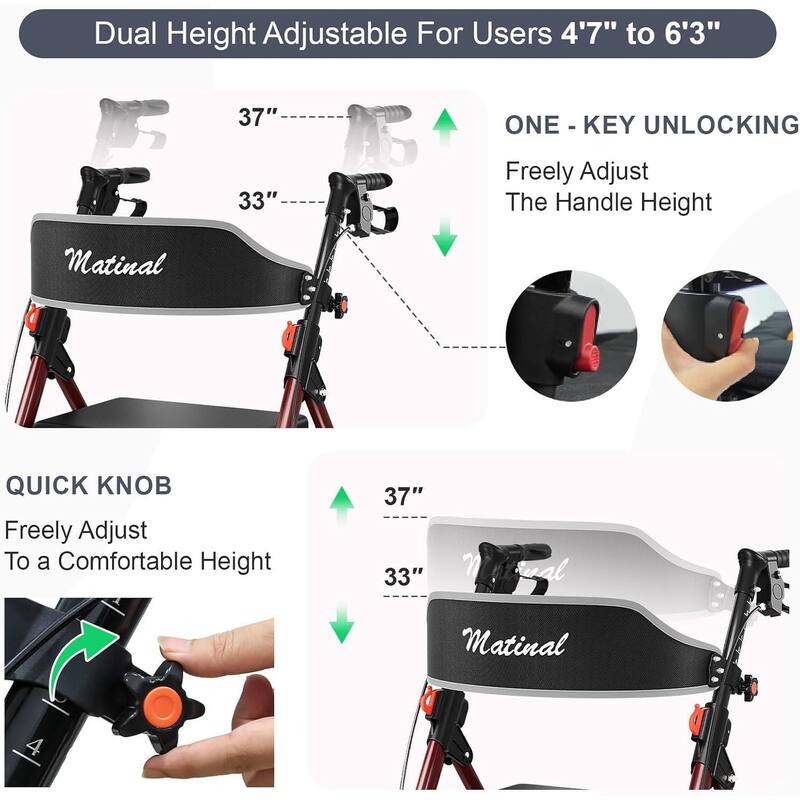 Matinal Foldable Rollator Walkers with Seat for Seniors, 350 lb Capacity, 8'' Big Wheels, 6-Position Height
