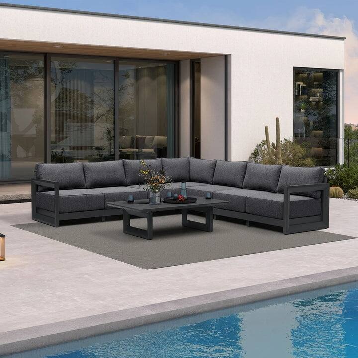 PURPLE LEAF Caesar L-Shaped Grey Outdoor Couch with 9.6" Thick for Yard Porch Deck Patio Conversation Sets - 7 Seats+1 Table - L-shaped