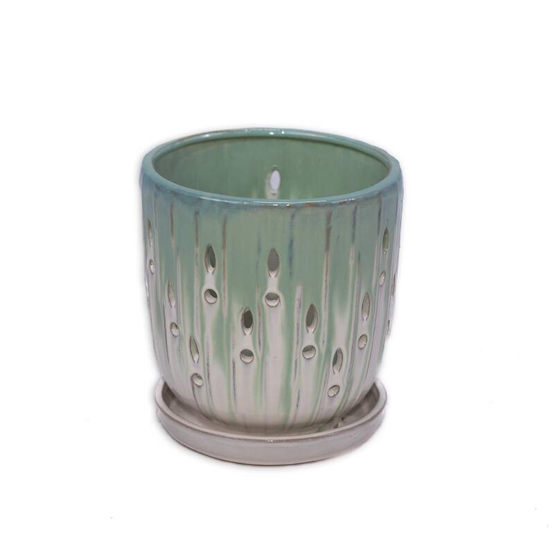 Sage & White Ceramic Planter Set of 2 - 7.5" Square Modern Plant Pots with Drainage Holes