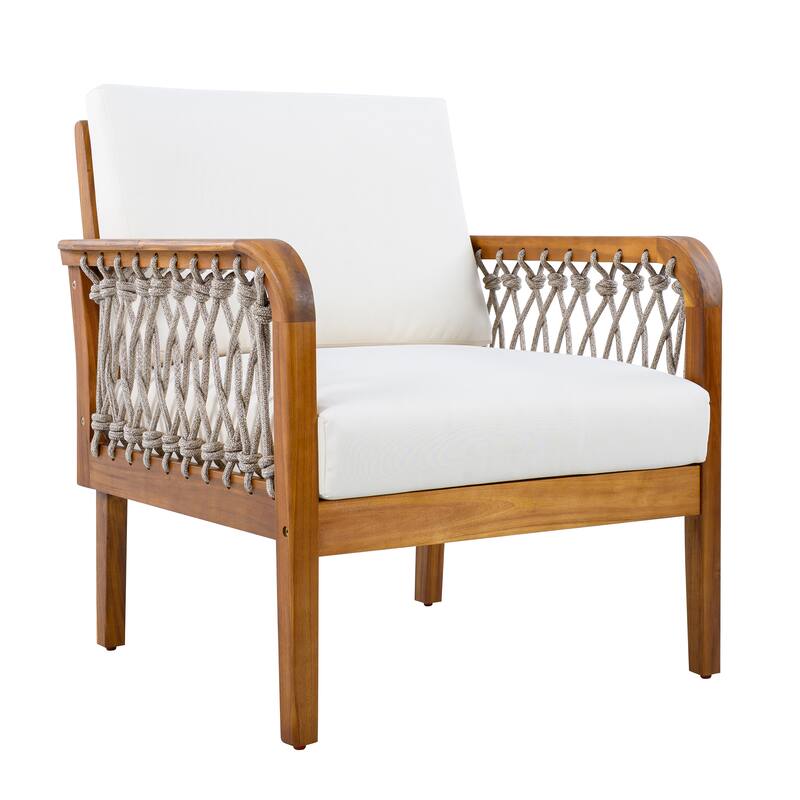 Christopher Knight Home - Outdoor Patio 28.94" Acacia Wood Club Chair with Handwoven Rope Panels and Cushions - 1-piece - Cream,Oatmeal,Teak finish