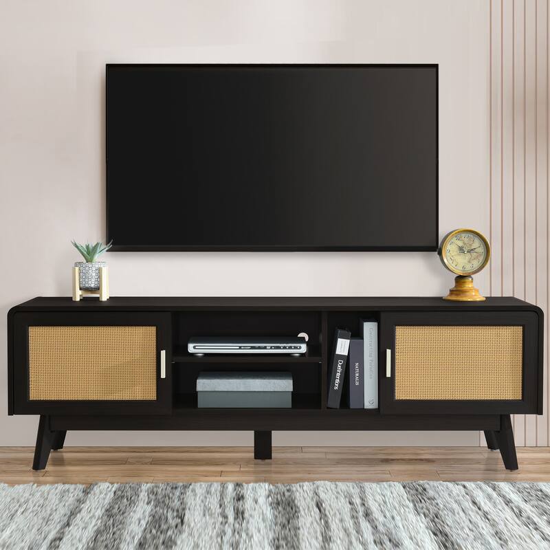 Anmytek Rattan TV Stand for TVs up to 70 Inches Modern Boho Entertainment Center Woven Rattan Dark Finish - Black
