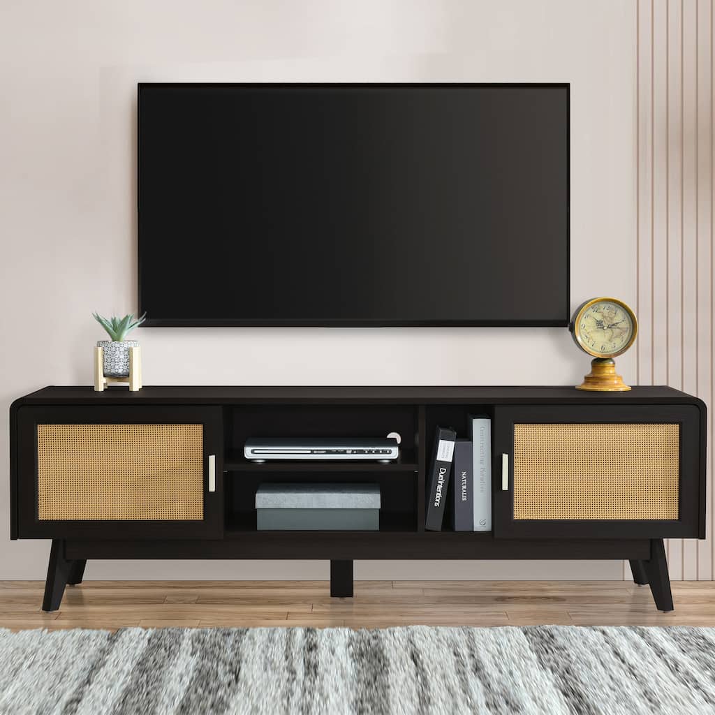 Bohemian-Style Rattan TV Stand, for TVs up to 65" with 2 Storage Cabinets and 3 Open Shelves, for Living Room and Bedroom