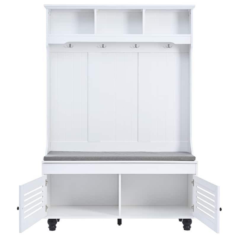 Roomfitters Hall Tree with Shutter Doors, Entryway Bench with Cushion, Hooks and Storage Organizer