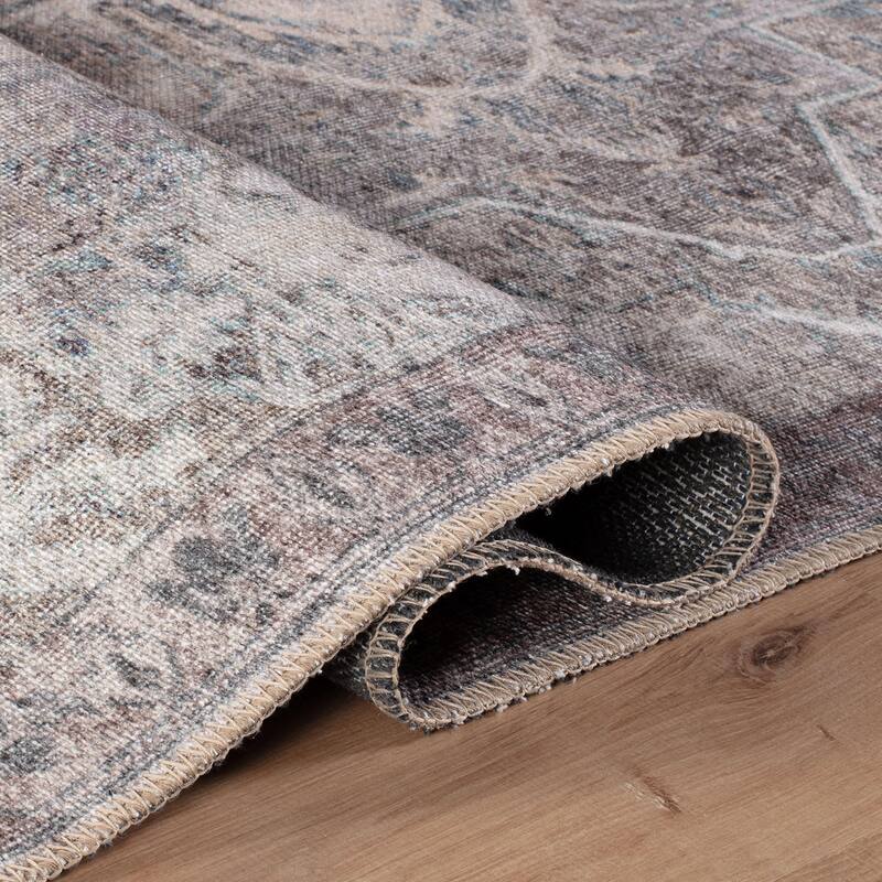 Beige Floral Medallion Washable Rug - Low Pile, Non-Slip