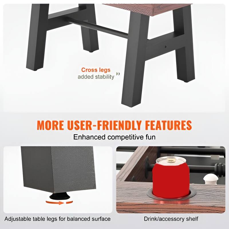 Black Brown MDF Foosball Table 55" with Cup Holders and Scorekeeper - 55.1” Lx 28.6” W x 34” H