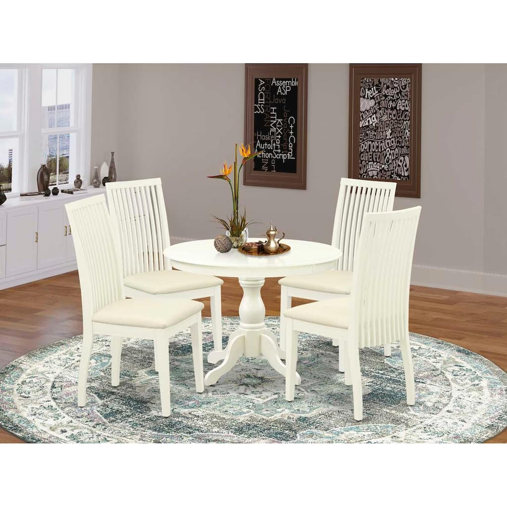 HomeStock 5-Piece Linen White Finish Solid Wood Top Dining table with 4 Chairs with Slat Back