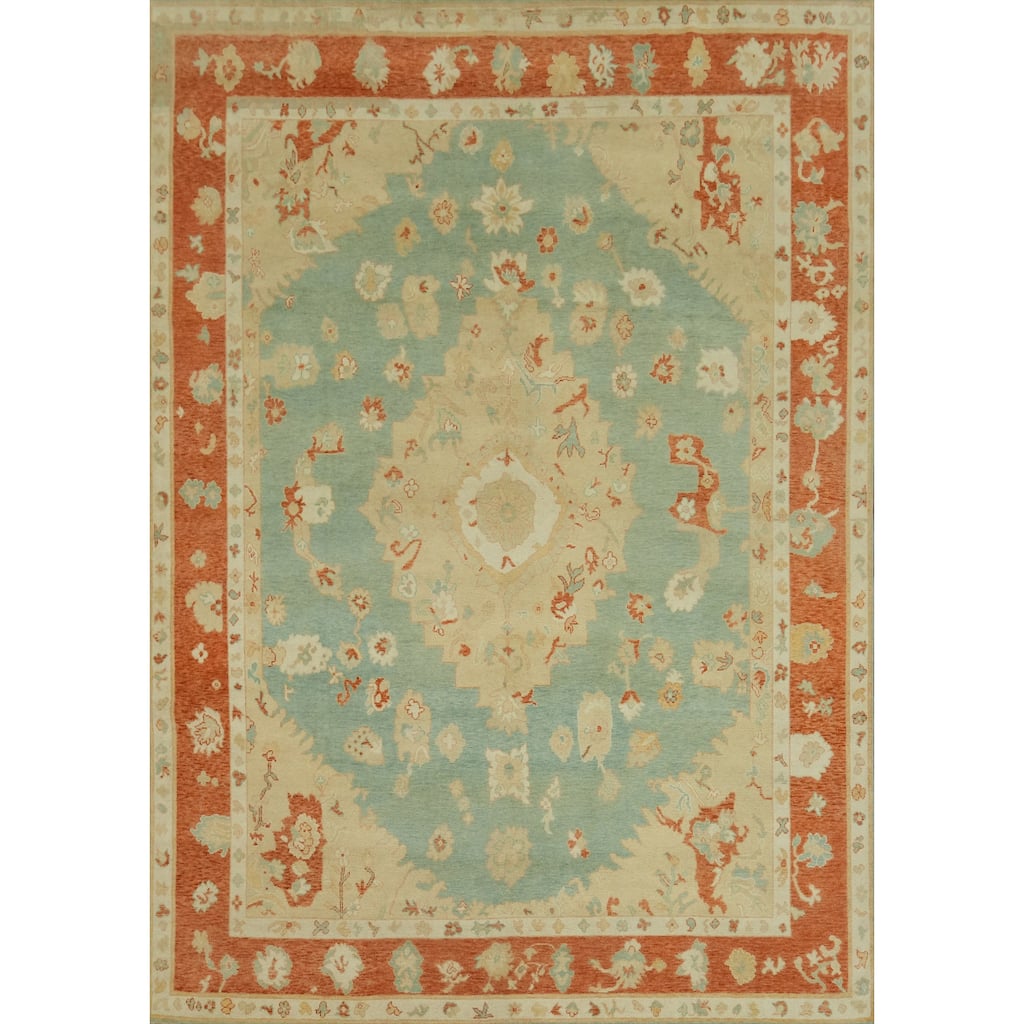 Vegetable Dye Wool Oushak Turkish Area Rug, Floral Geometric Carpet - 11' 11'' X 9' 0''