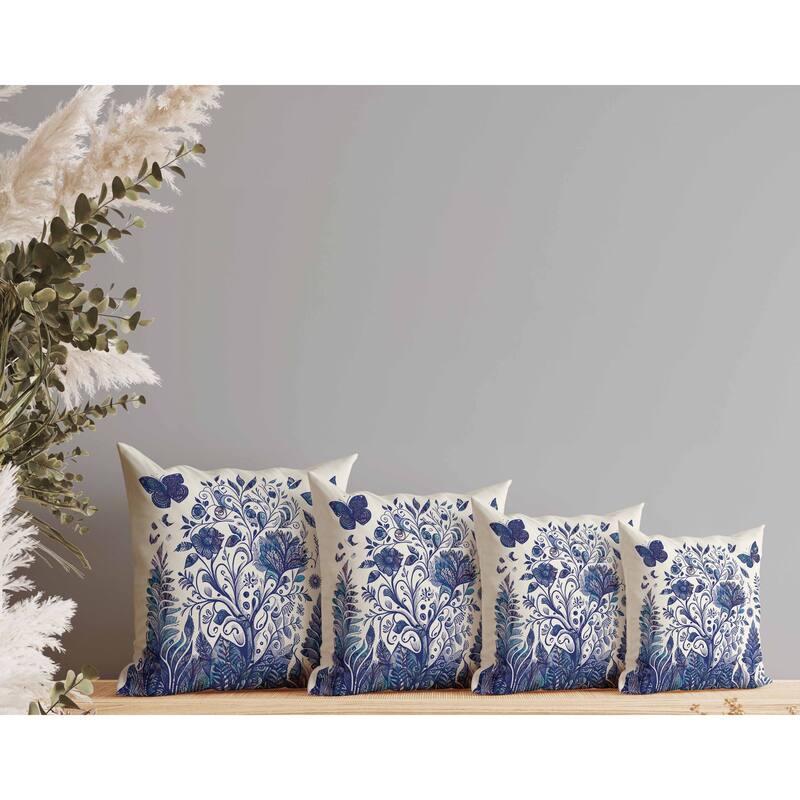 Winged Gardenia Indoor/Outdoor Reversible Throw Pillow Blue and Ivory