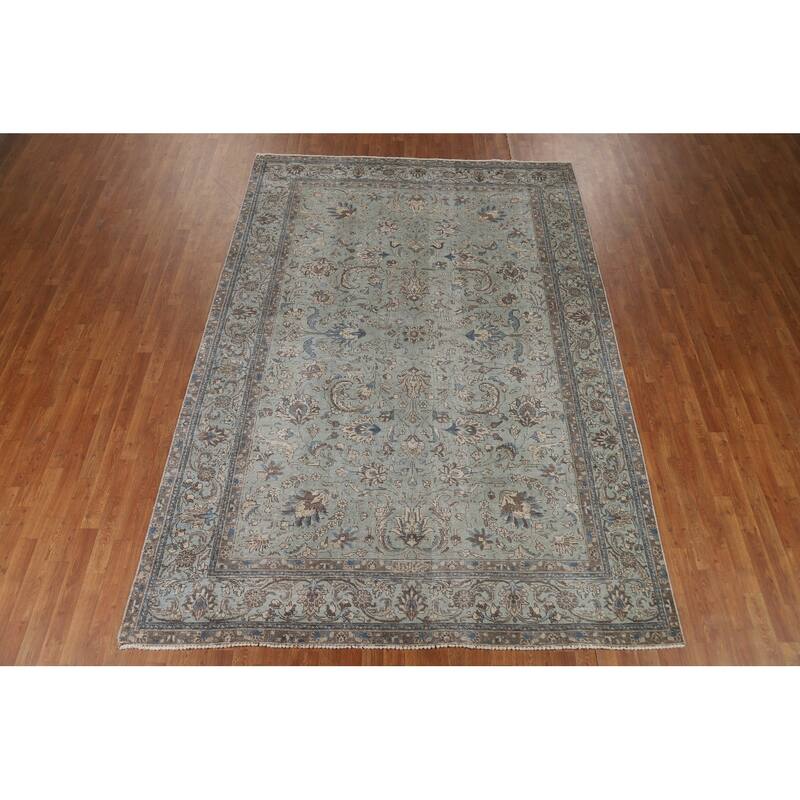 Blue Tabriz Persian Rug Hand-Knotted Distressed Floral Wool Carpet - 7'4"x 10'8"