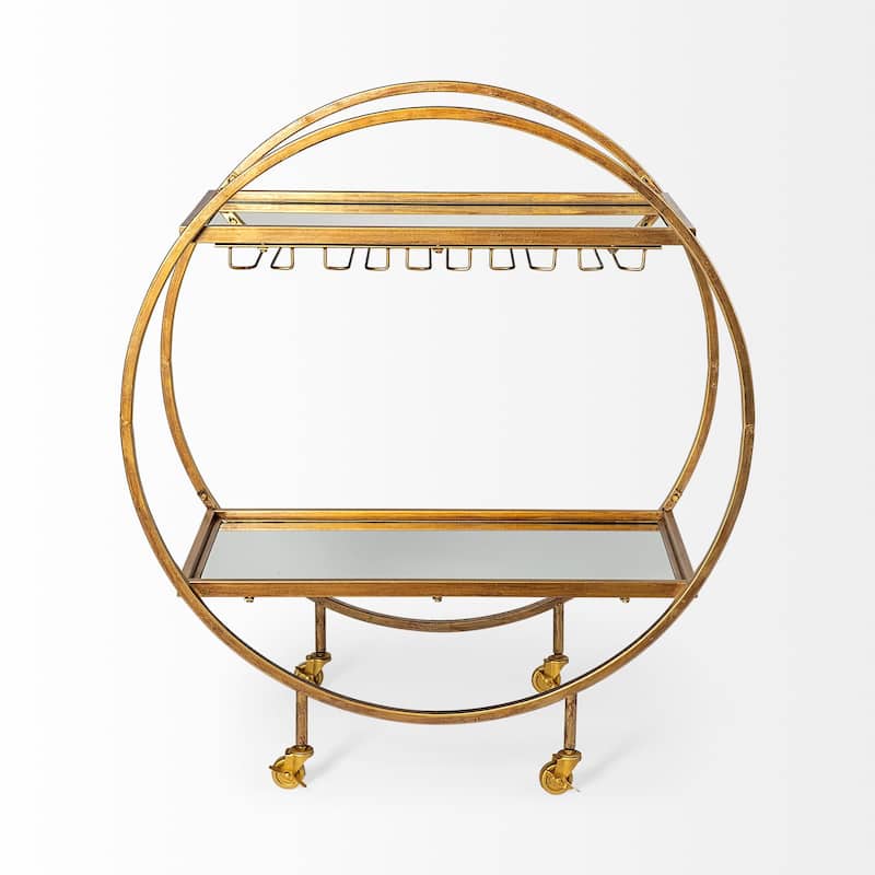Carola Gold Iron Frame w/ Two-Tier Mirrored Shelves & Stemware Holder Bar Cart - 36.25L x 18.0W x 40.25H