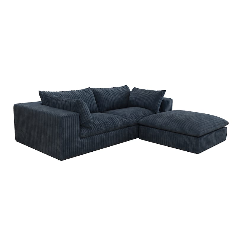 Corduroy Loveseat & Ottoman Set, L-shaped Sectional Sofa with Double-layer Seat Cushions, Modular Chaise Lounger Couch