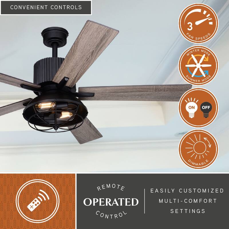 Elkhart 52-in. Black Industrial Indoor Ceiling Fan with LED Cage Light Kit and Remote - 52-in W x 21-in H x 52-in D