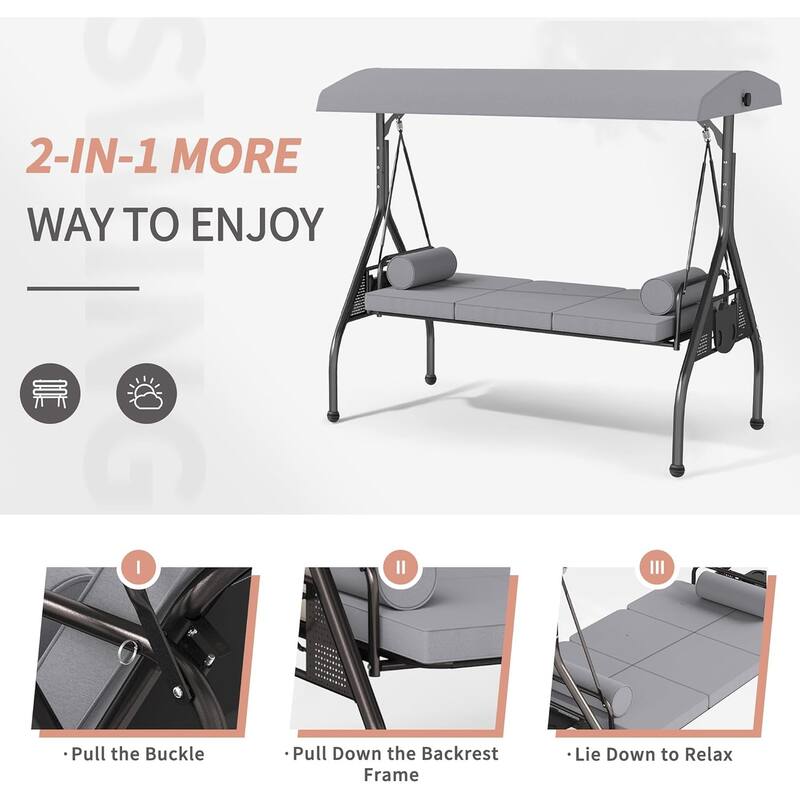 Outdoor Patio 3-Seat Porch Swing Cushioned Seat Bench Chair with Adjustable Tilt Canopy & Side Trays