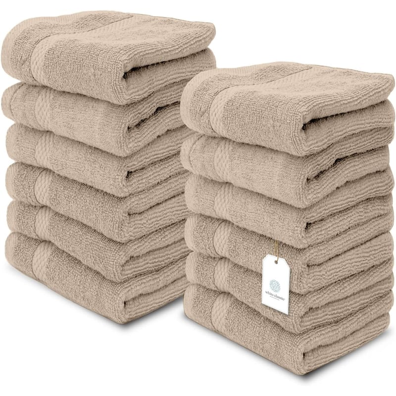 White Classic Luxury Cotton Washcloth 13x13 - Set of 12 - Taupe