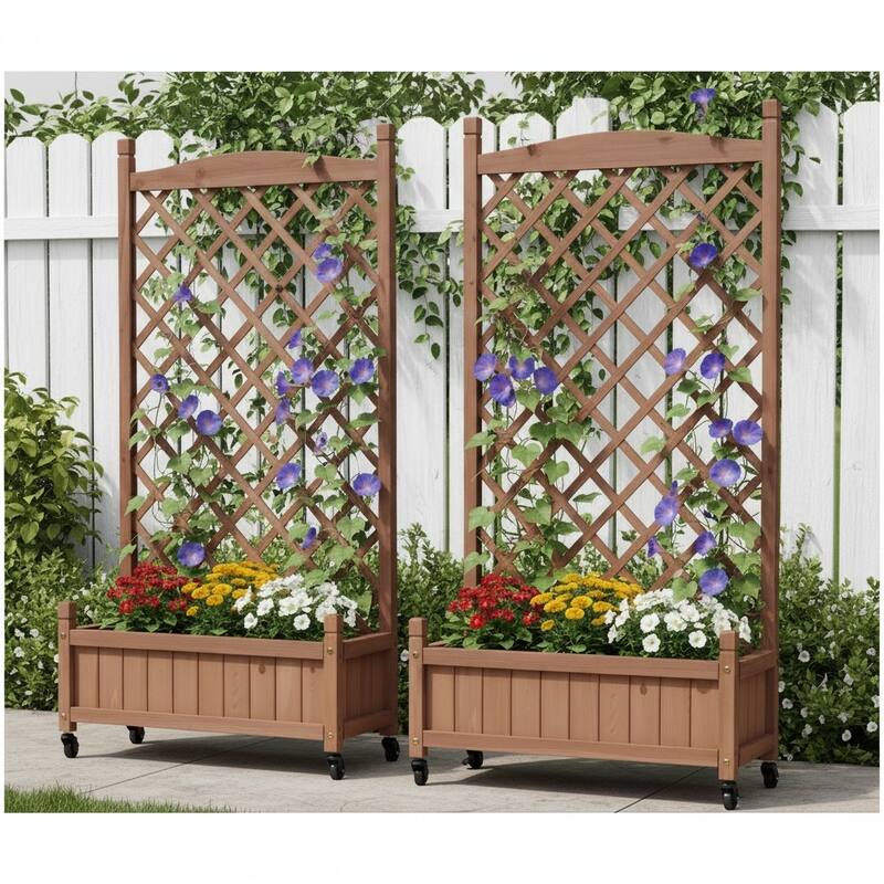 Set of 2 Portable Wood Planter Garden Bed with Wheels Drainage Trellis
