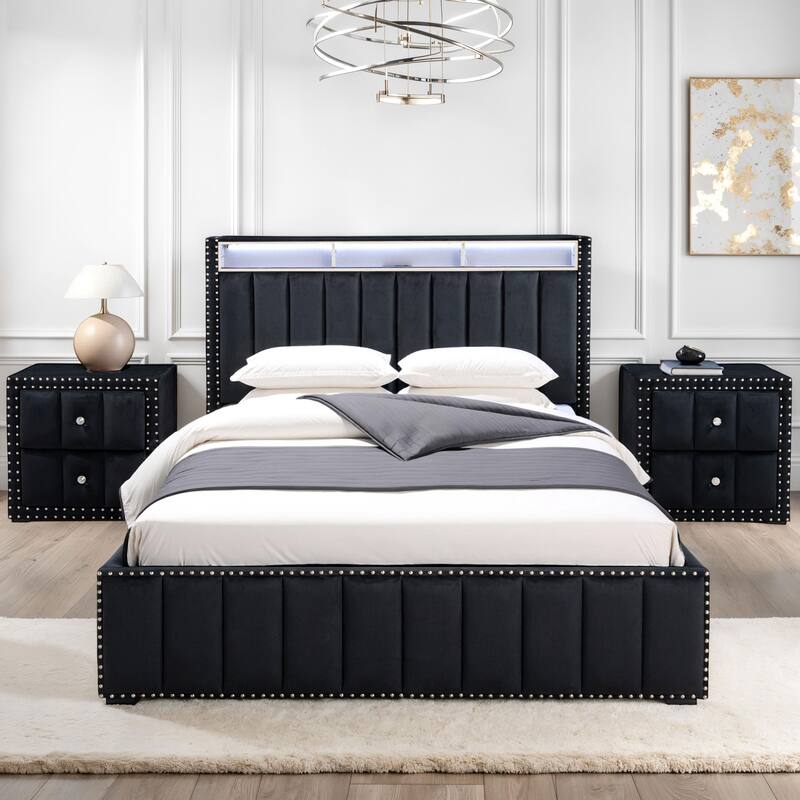 247 Shop At Home Fynor Modern 3-Piece Velvet Queen Storage Platform Bedroom Set - Black