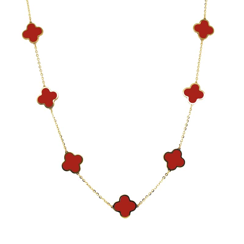 Italian Gold 14K Yellow Gold Clover Station Necklace - Made In Italy 10mm Clover 16-18 Inch Chain 3.20 grams - Red