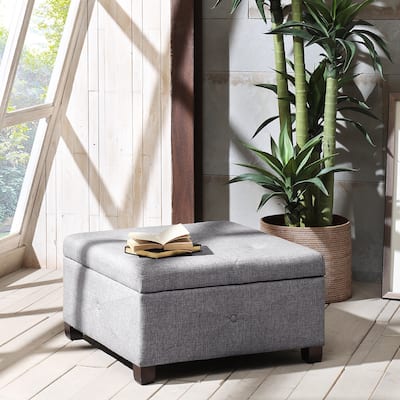 Charcoal Upholstered Storage Ottoman with Button-Tufted Details and Solid Wood Legs