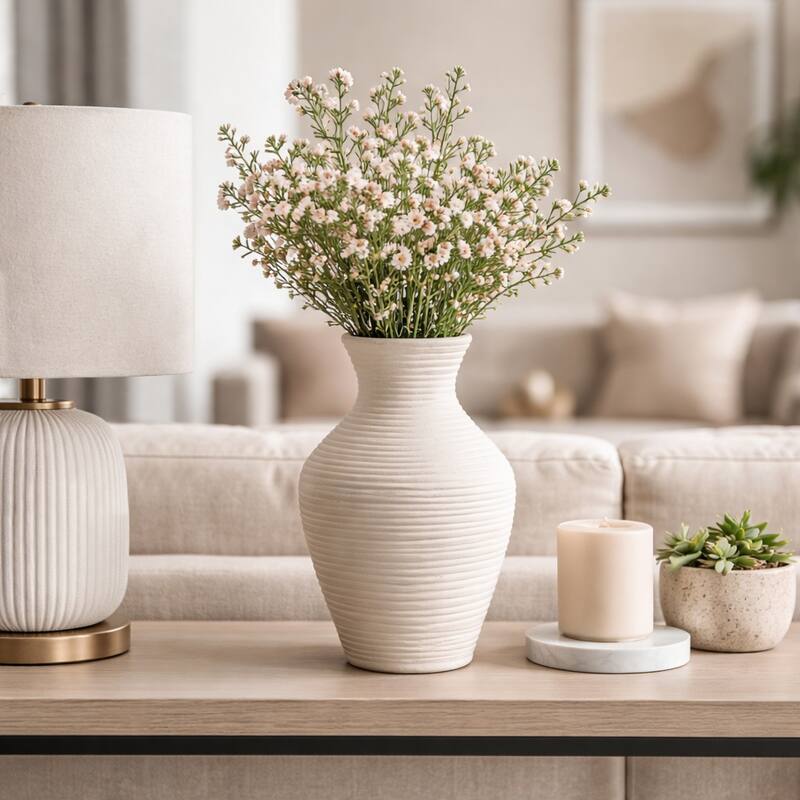 Sculptural Ribbed Paper Mache Table Vase - Stylish Tall Flower Vase - 14.25"