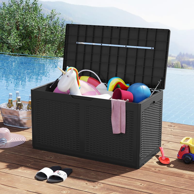 100 Gallon Outdoor Lockable Lid Deck Box with Wheels and Bench Seating for Patio Storage or Backyard Use