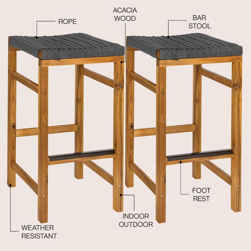 Armand Backless Acacia Wood Outdoor Stool with Woven Rope Seat, (Set of 2)