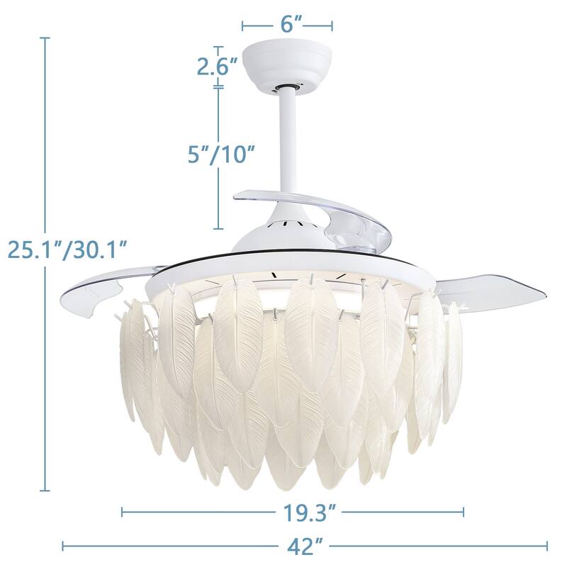 42" Smart Retractable White Ceiling Fan Light with Remote and APP Control