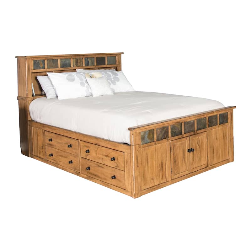 Marv Queen Size Bed, Storage Footboard Bookcase Headboard, Light Brown