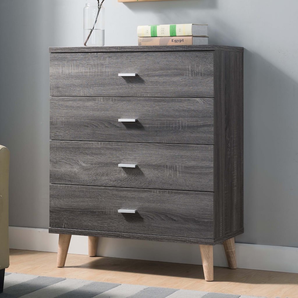 DH BASIC Mid-Century Modern Distressed Grey 4-Drawer Chest with Bar Pulls by Denhour