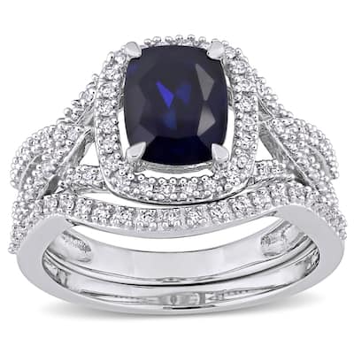 Miadora 2 1/5ct TGW Created Blue Sapphire and 1/4ct TDW Diamond Bridal Ring Set 10k White Gold