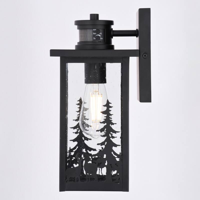 VAXCEL Acadia Matte Black Rustic Wildlife Motion Sensor Dusk to Dawn Outdoor Wall Sconce Light Fixture, Clear Seed Glass